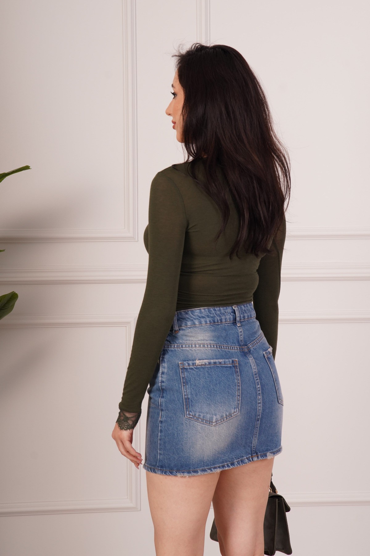 Dantel Detaylı Uzun Kollu Haki Toptan Body Bluz Haki