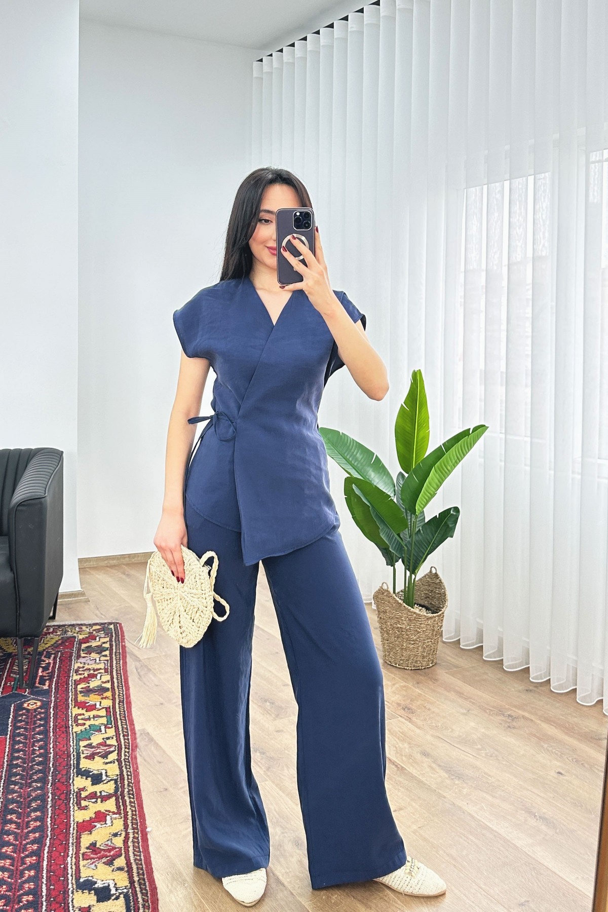 Modal Tek Düğme Kapamalı Oversize Lacivert Toptan Takım Lacivert