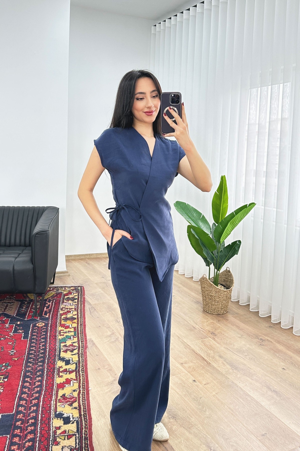 Modal Tek Düğme Kapamalı Oversize Lacivert Toptan Takım Lacivert
