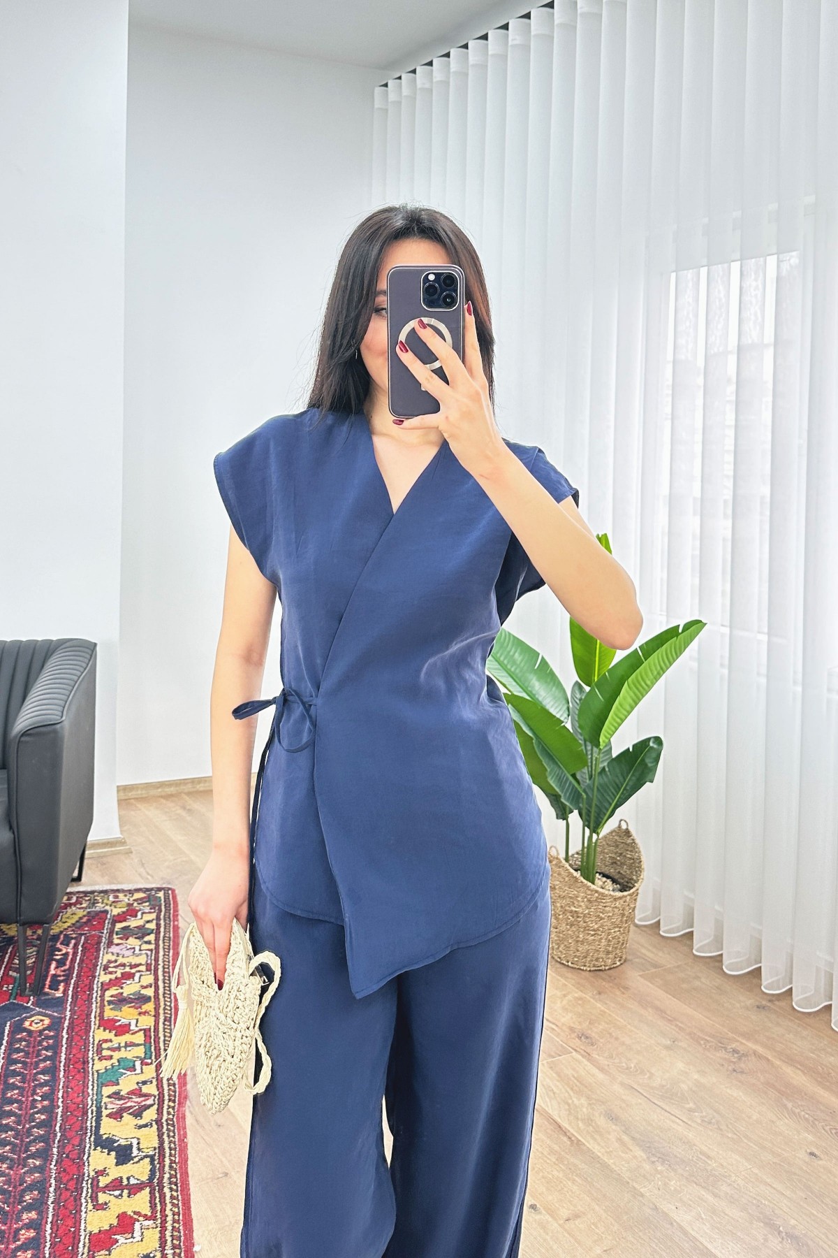 Modal Tek Düğme Kapamalı Oversize Lacivert Toptan Takım Lacivert