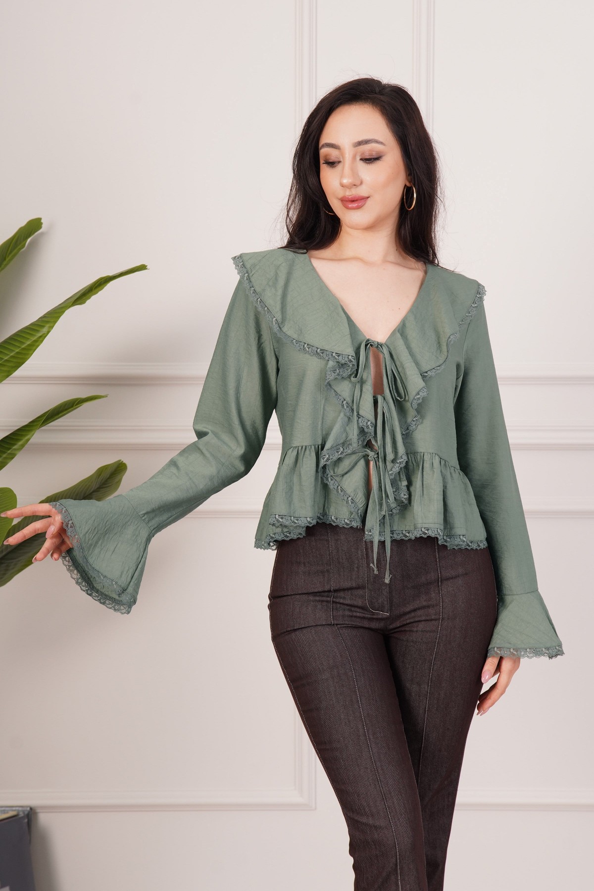 Dantel Detay Bağlamalı Haki Toptan Bluz Haki