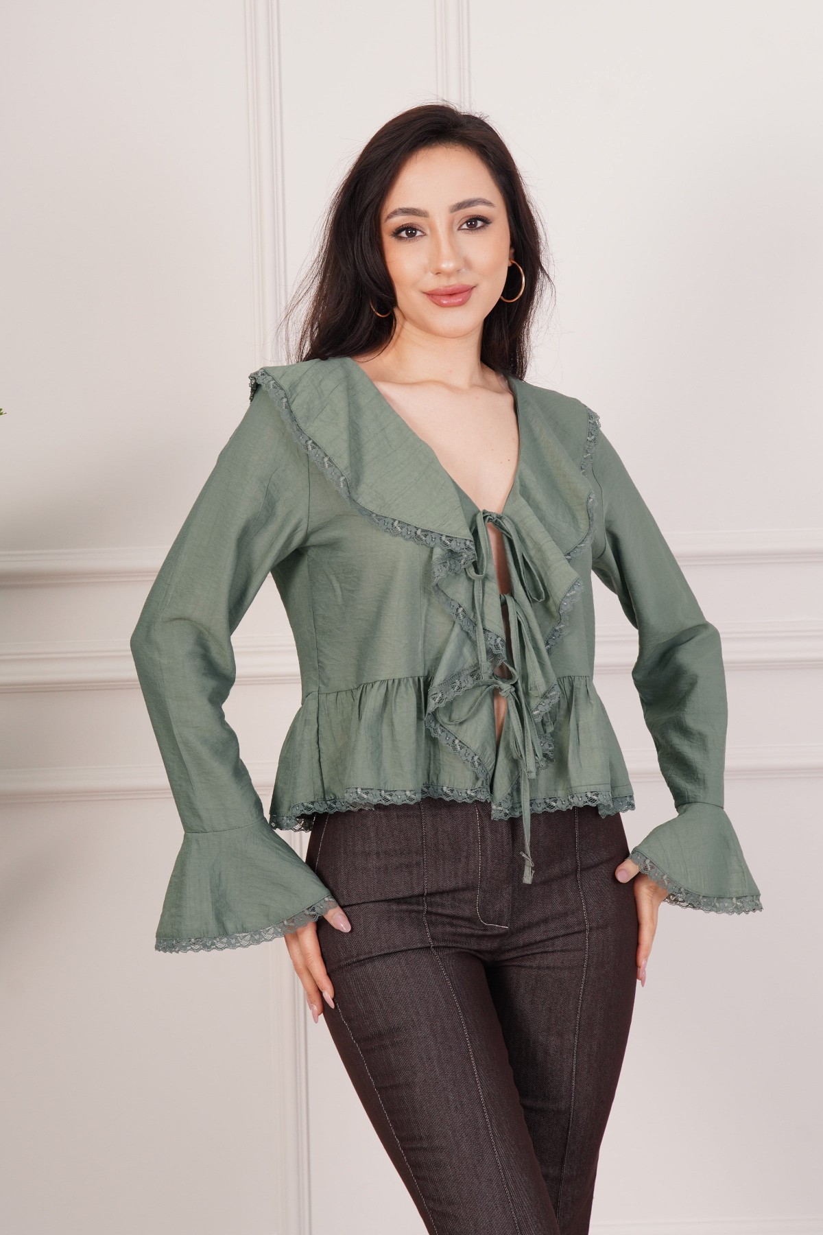 Dantel Detay Bağlamalı Haki Toptan Bluz Haki