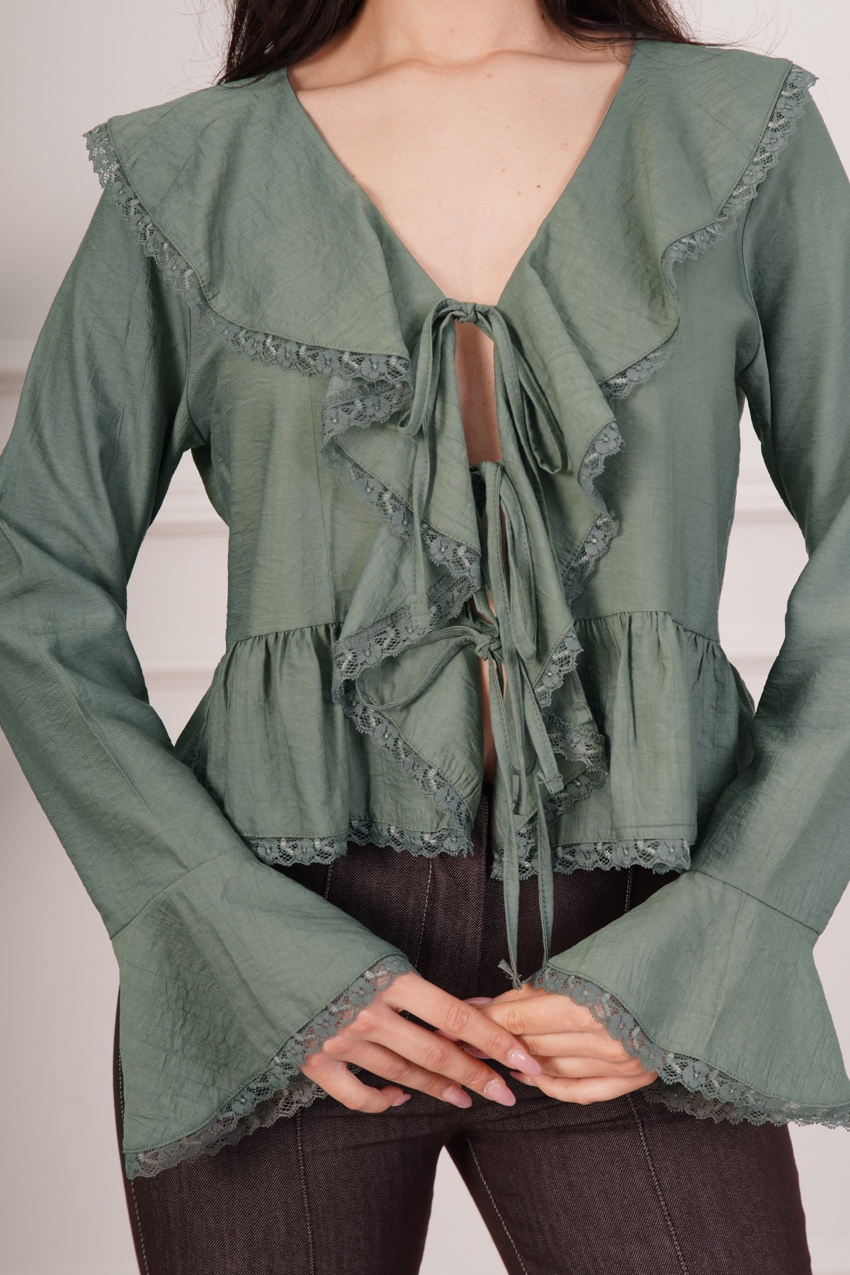 Dantel Detay Bağlamalı Haki Toptan Bluz Haki