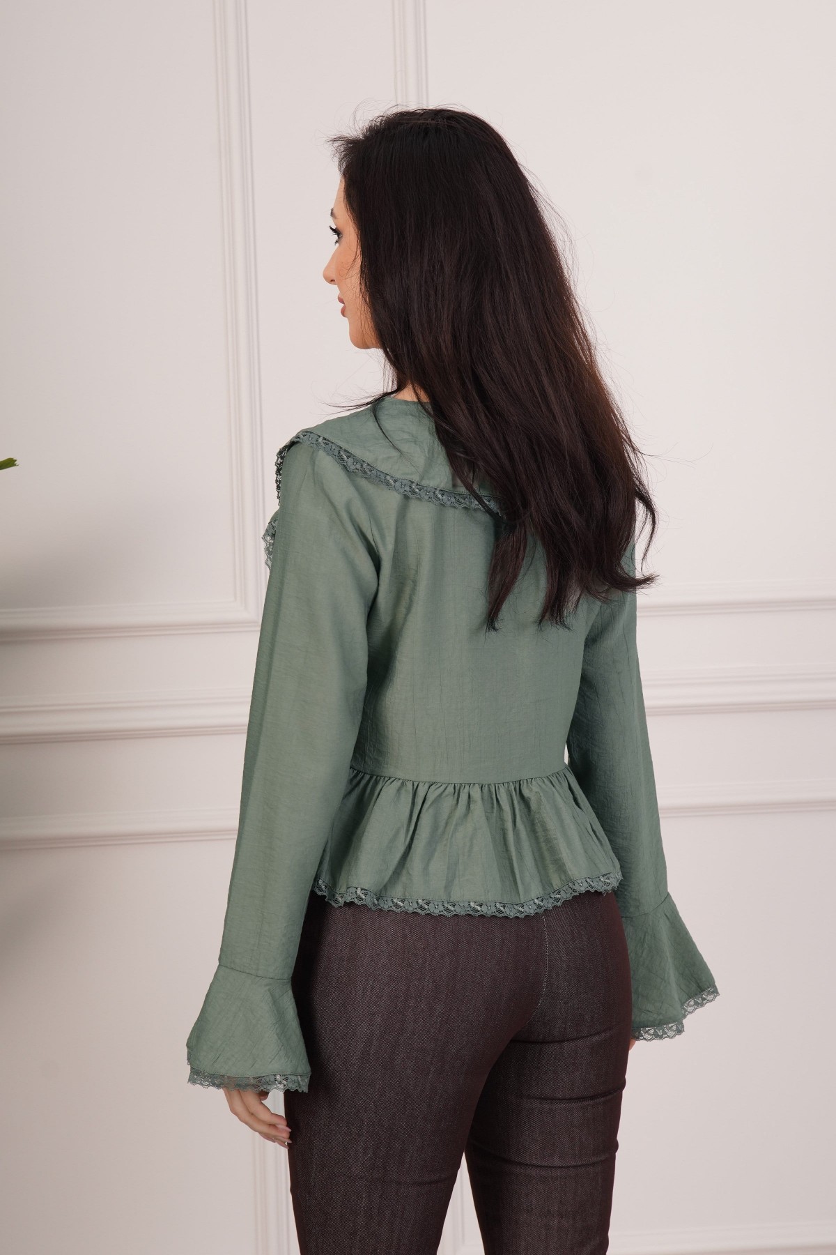 Dantel Detay Bağlamalı Haki Toptan Bluz Haki