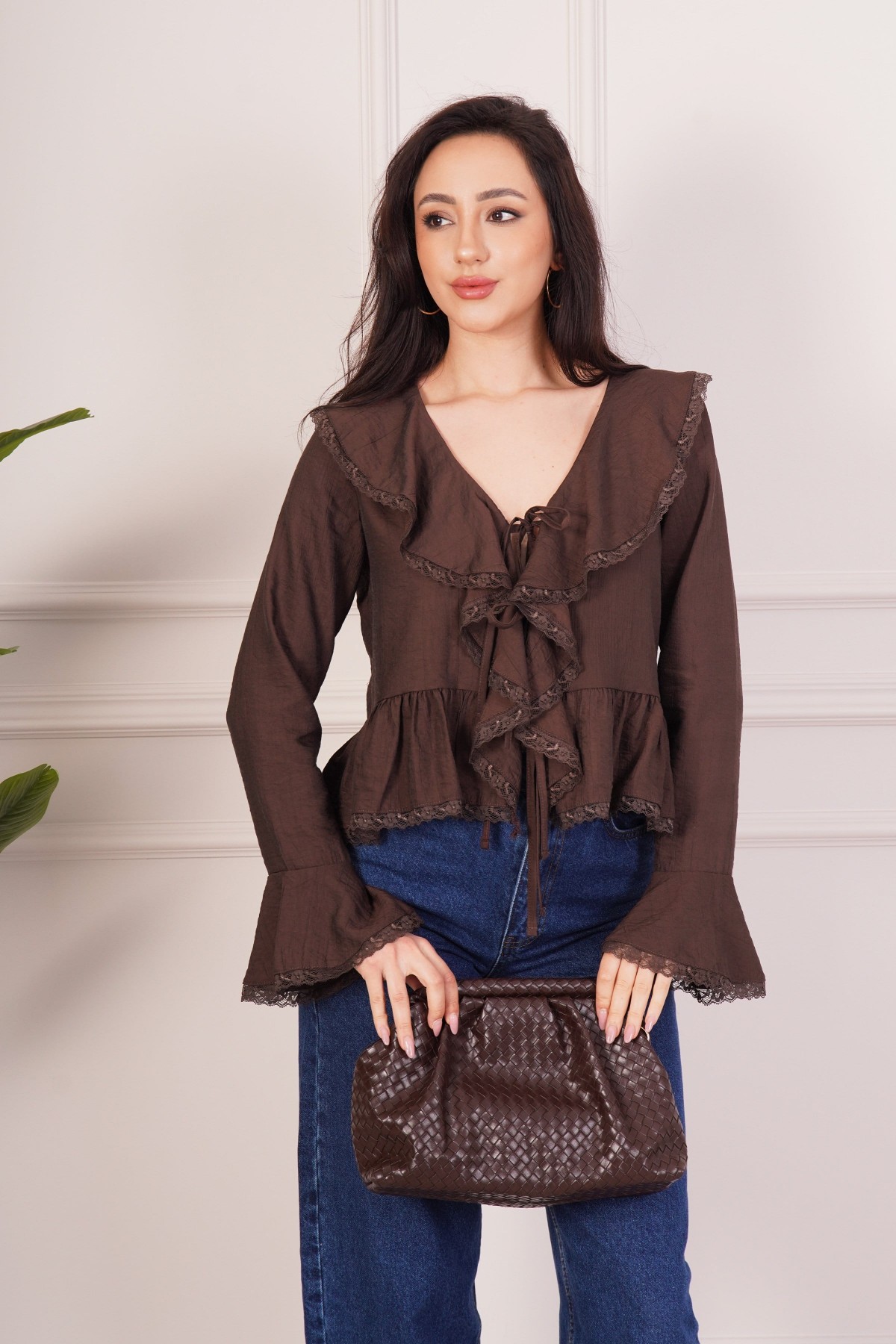 Dantel Detaylı Bağlamalı Kahve Toptan Bluz Kahverengi