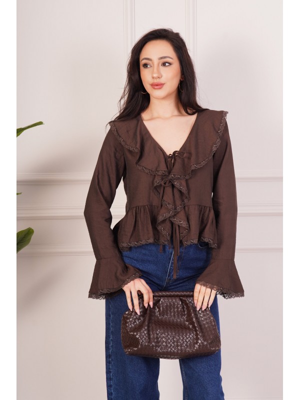 Dantel Detaylı Bağlamalı Kahve Toptan Bluz Kahverengi