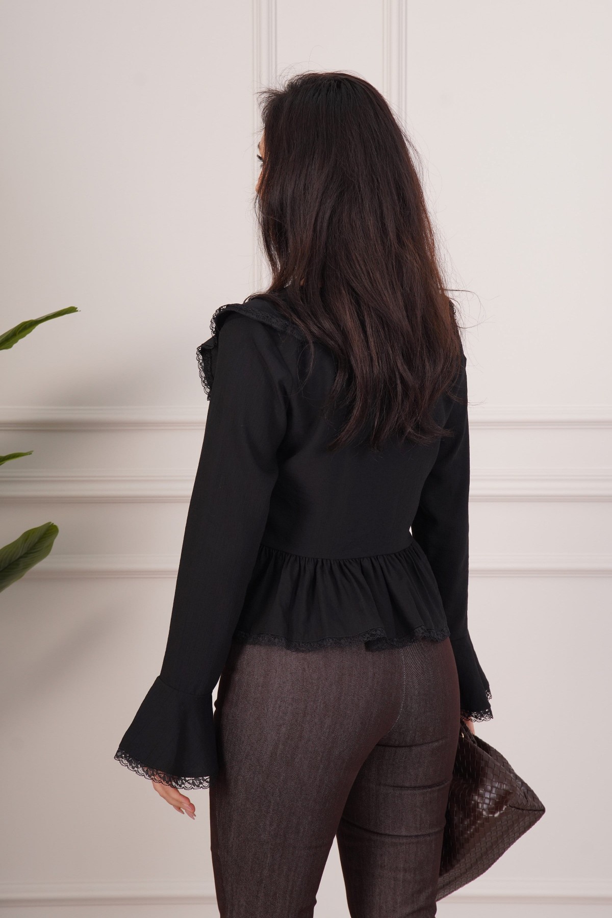 Dantel Detay Bağlamalı Siyah Toptan Bluz Siyah