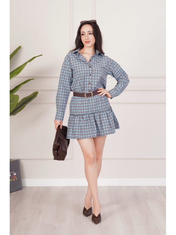 Ekose Desenli Kahve Gömlek Etek Toptan Takım Kahverengi