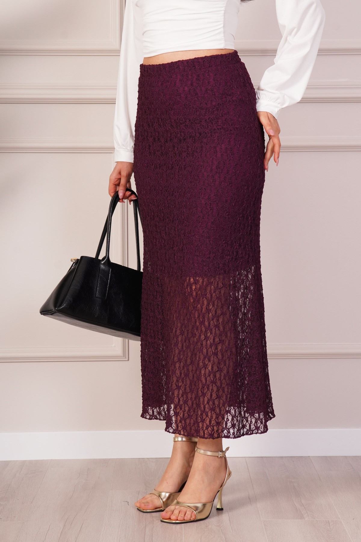 Beli Lastikli Dantel Detaylı Astarlı Midi Mürdüm Toptan Etek Mürdüm