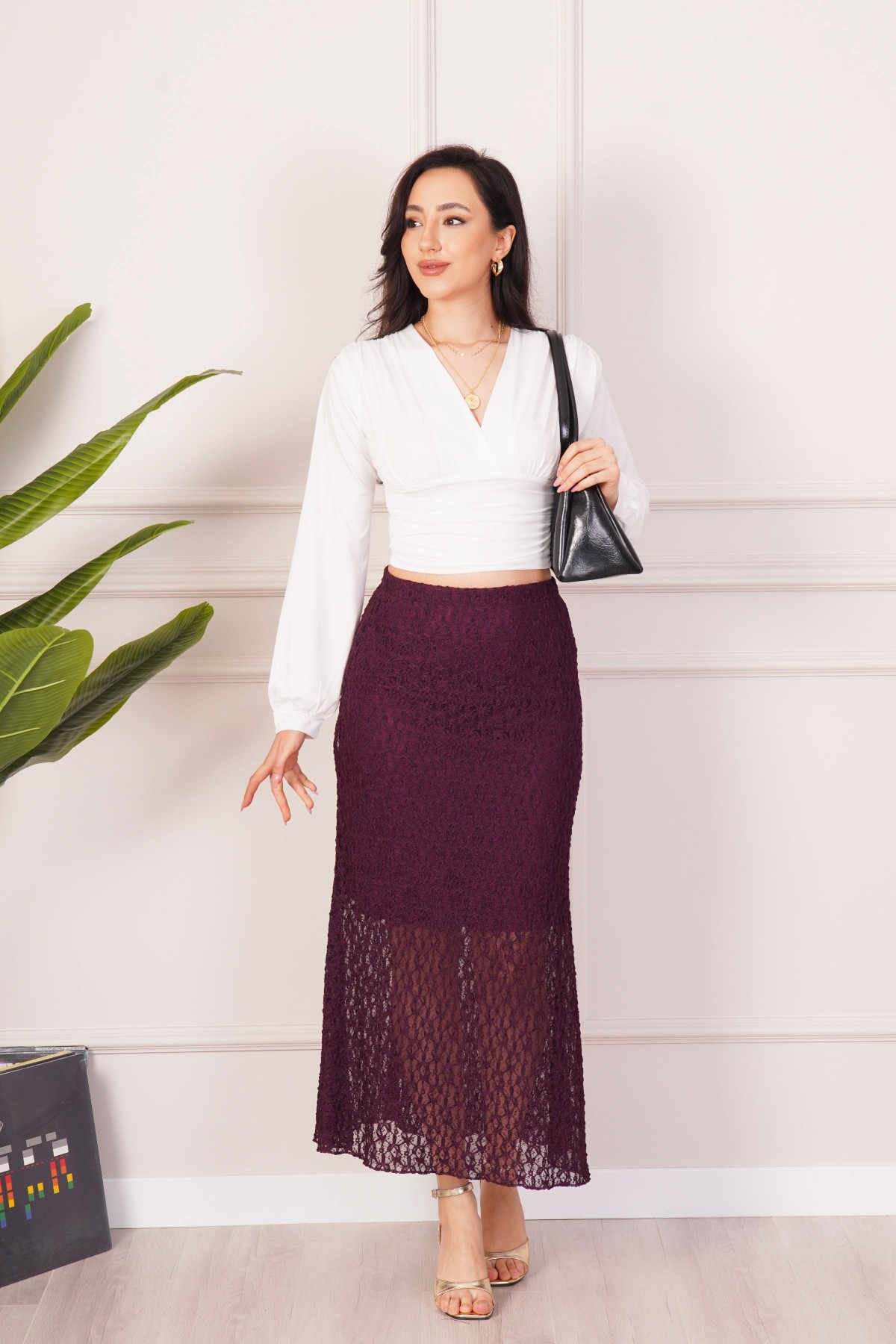 Beli Lastikli Dantel Detaylı Astarlı Midi Mürdüm Toptan Etek Mürdüm