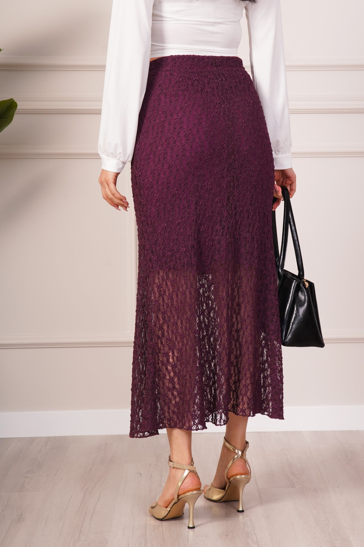 Beli Lastikli Dantel Detaylı Astarlı Midi Mürdüm Toptan Etek Mürdüm