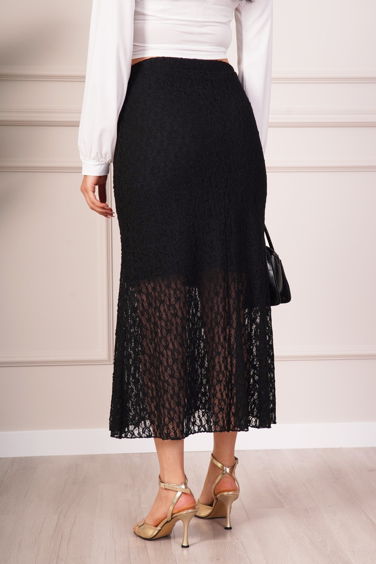 Beli Lastikli Dantel Detaylı Astarlı Midi Siyah Toptan Etek Siyah