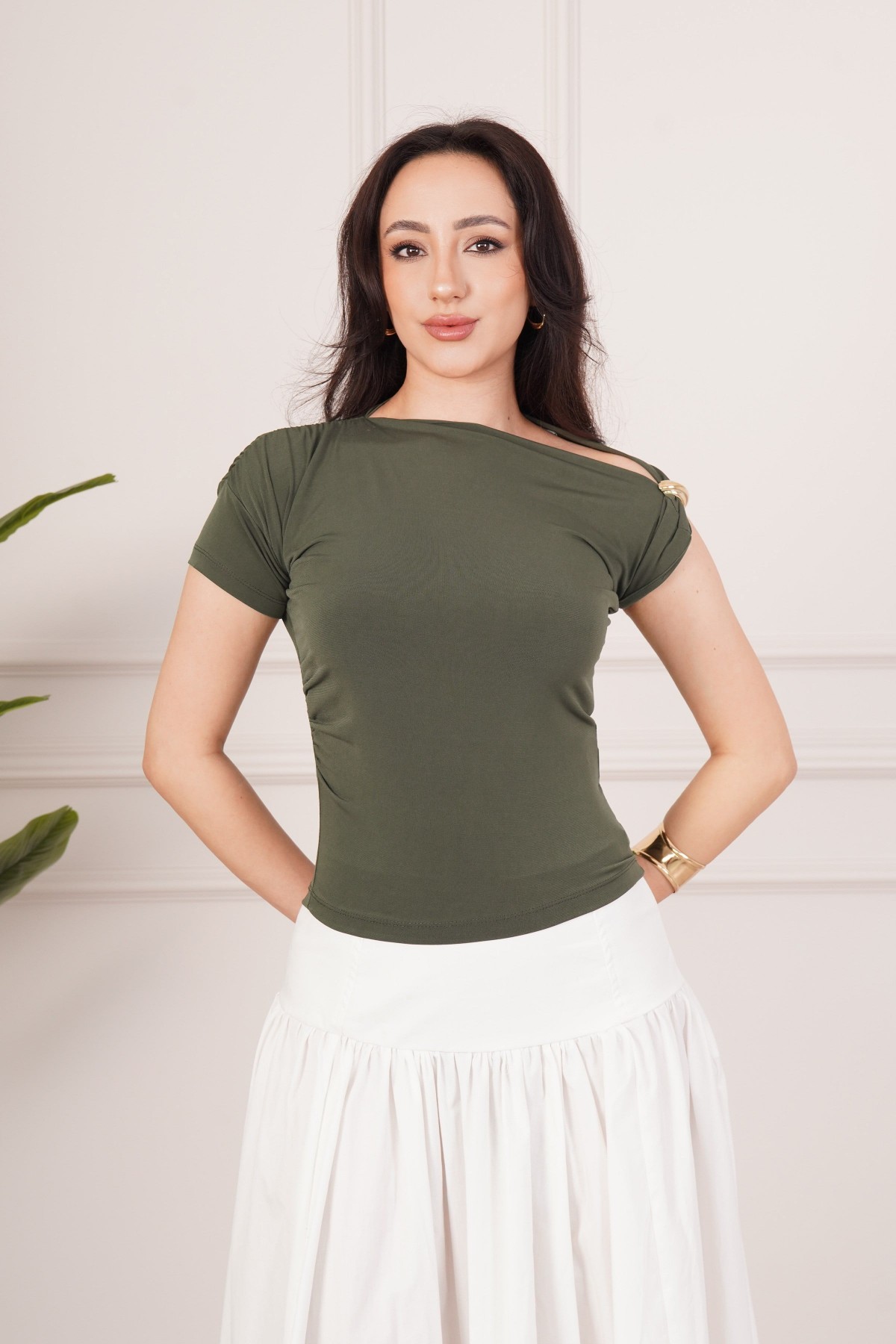 Omuz Toka Detaylı Haki Toptan Bluz Haki