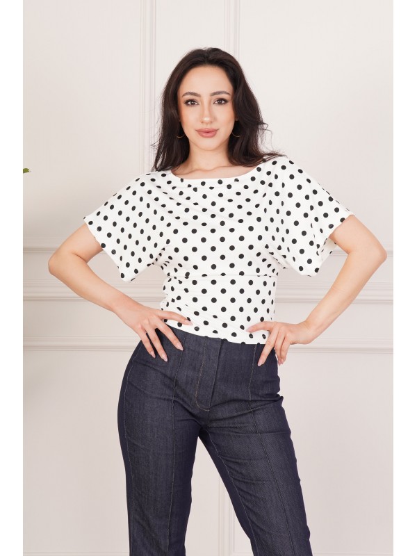 Puantiye Desenli Kısa Kollu Beyaz Bluz Beyaz