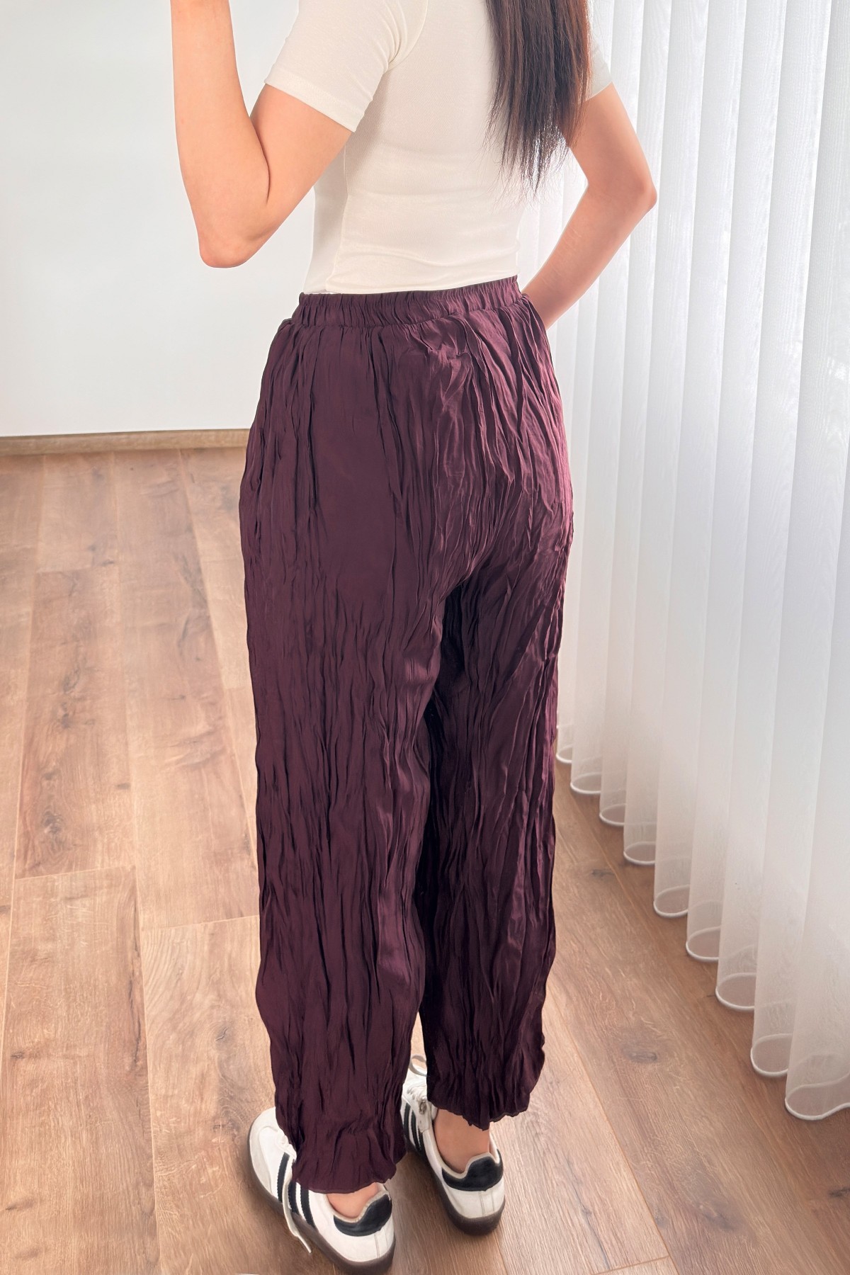 Kırışık Kumaş Toptan Mürdüm Şalvar Pantolon Mürdüm