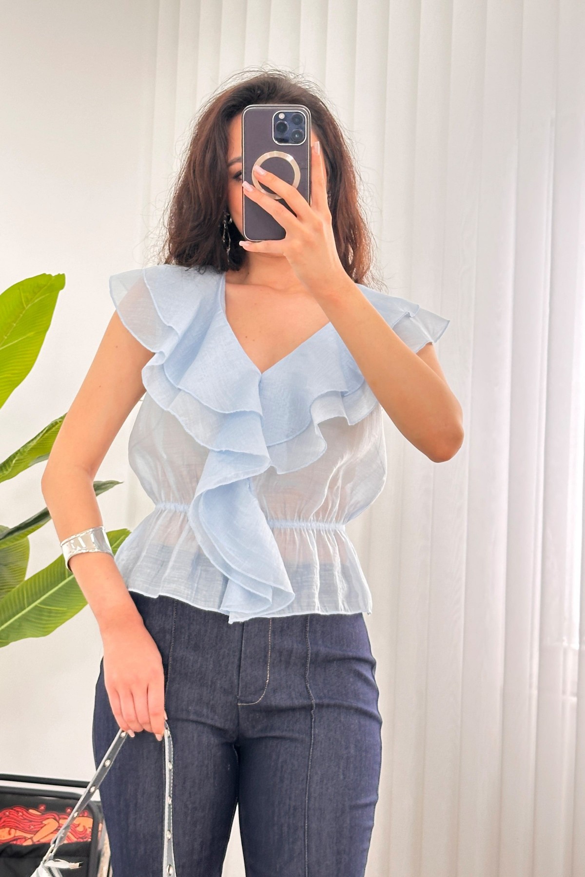 Fırfırlı Beli Lastikli Toptan Bebe Mavisi Bluz Bebe Mavi