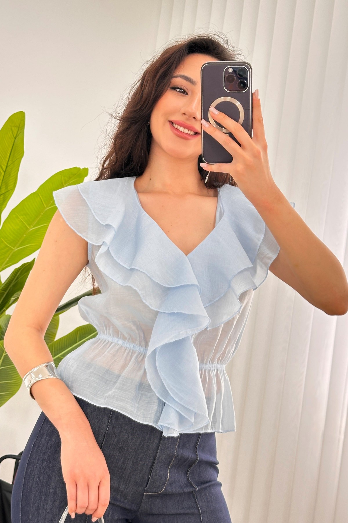 Fırfırlı Beli Lastikli Toptan Bebe Mavisi Bluz Bebe Mavi