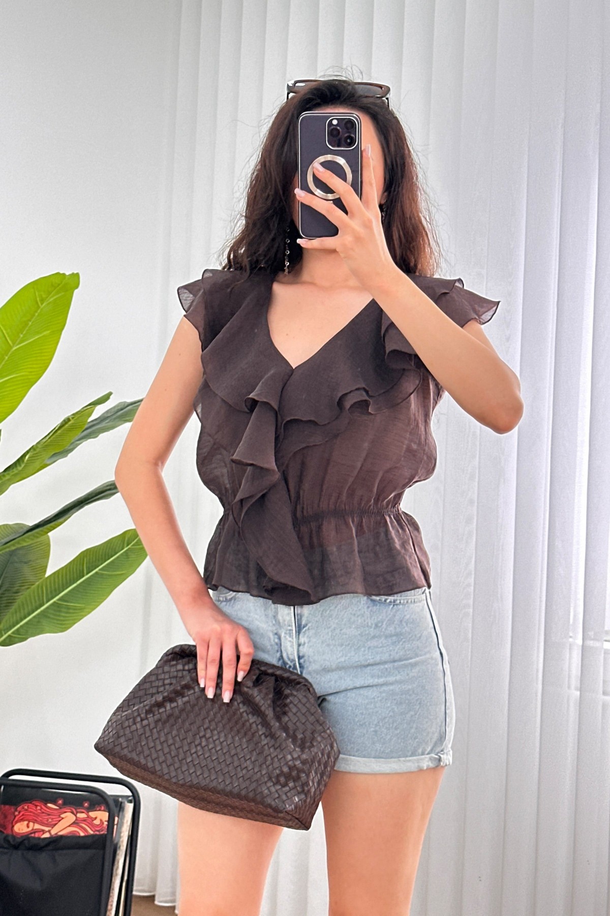 Fırfırlı Beli Lastikli Toptan Kahve Bluz Kahverengi