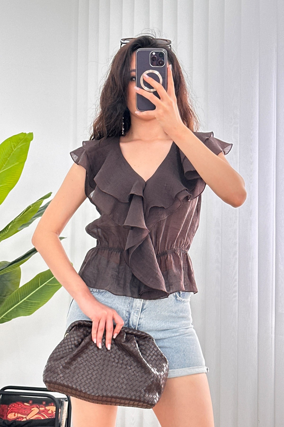 Fırfırlı Beli Lastikli Toptan Kahve Bluz Kahverengi