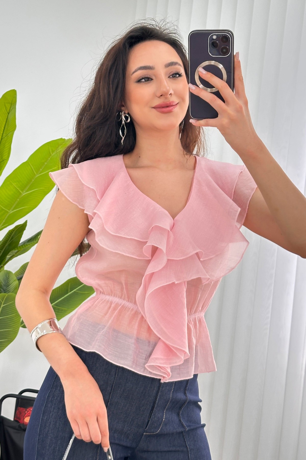 Fırfırlı Beli Lastikli Toptan Pembe Bluz Pembe
