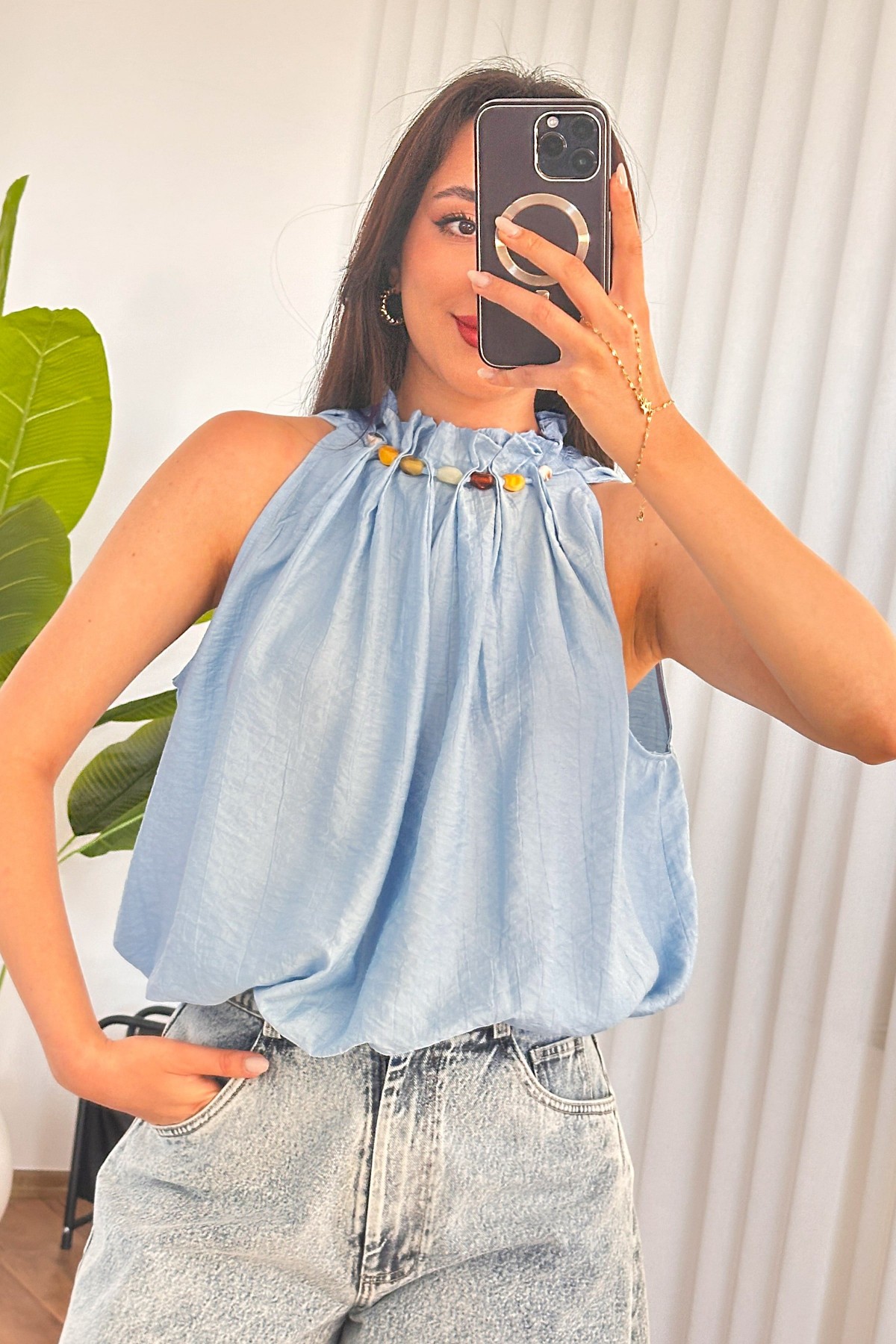 Yakası Boncuklu Balon Model Toptan Bebe Mavisi Bluz Bebe Mavi