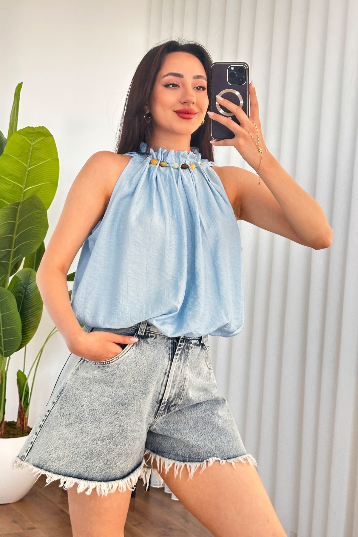 Yakası Boncuklu Balon Model Toptan Bebe Mavisi Bluz Bebe Mavi