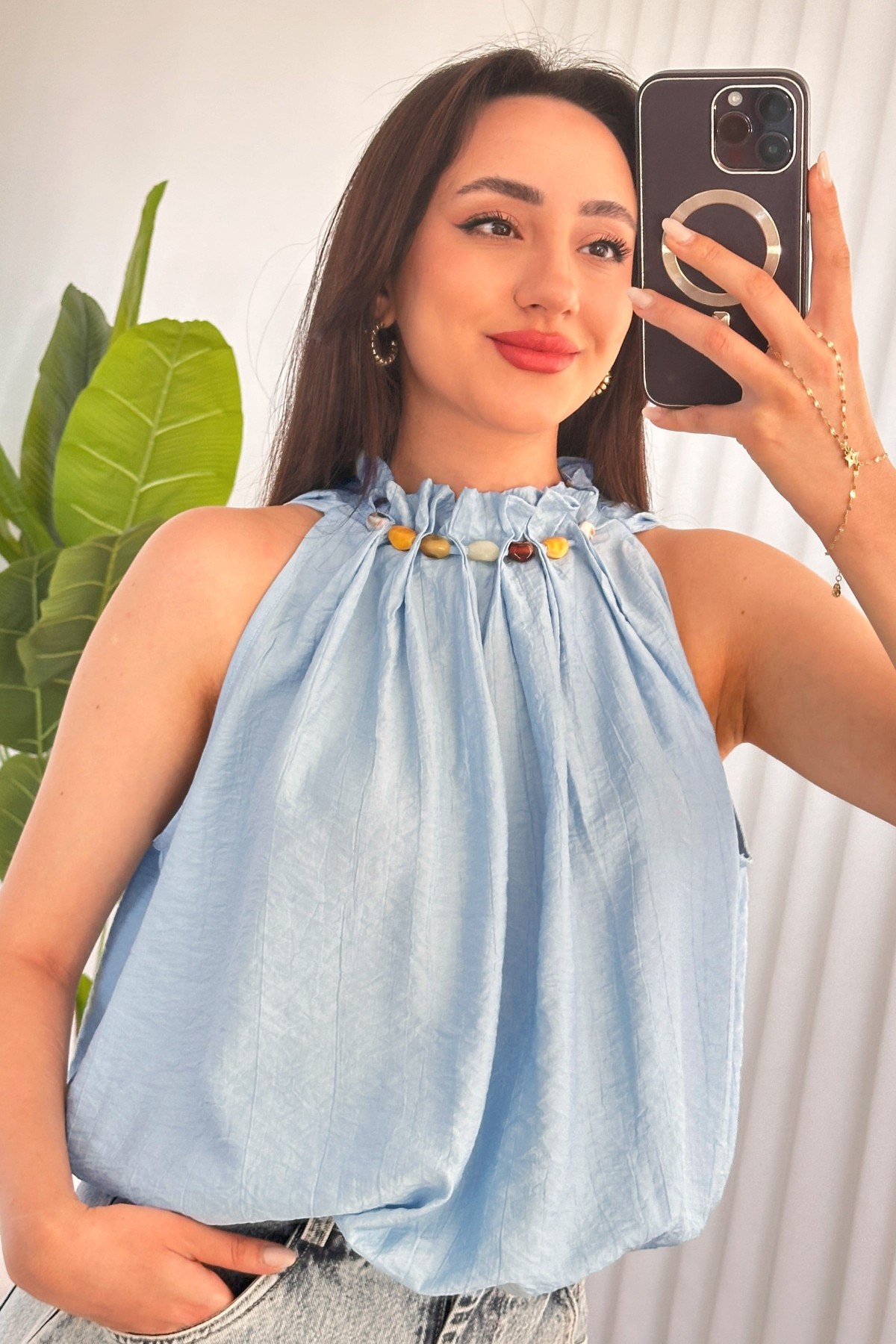 Yakası Boncuklu Balon Model Toptan Bebe Mavisi Bluz Bebe Mavi