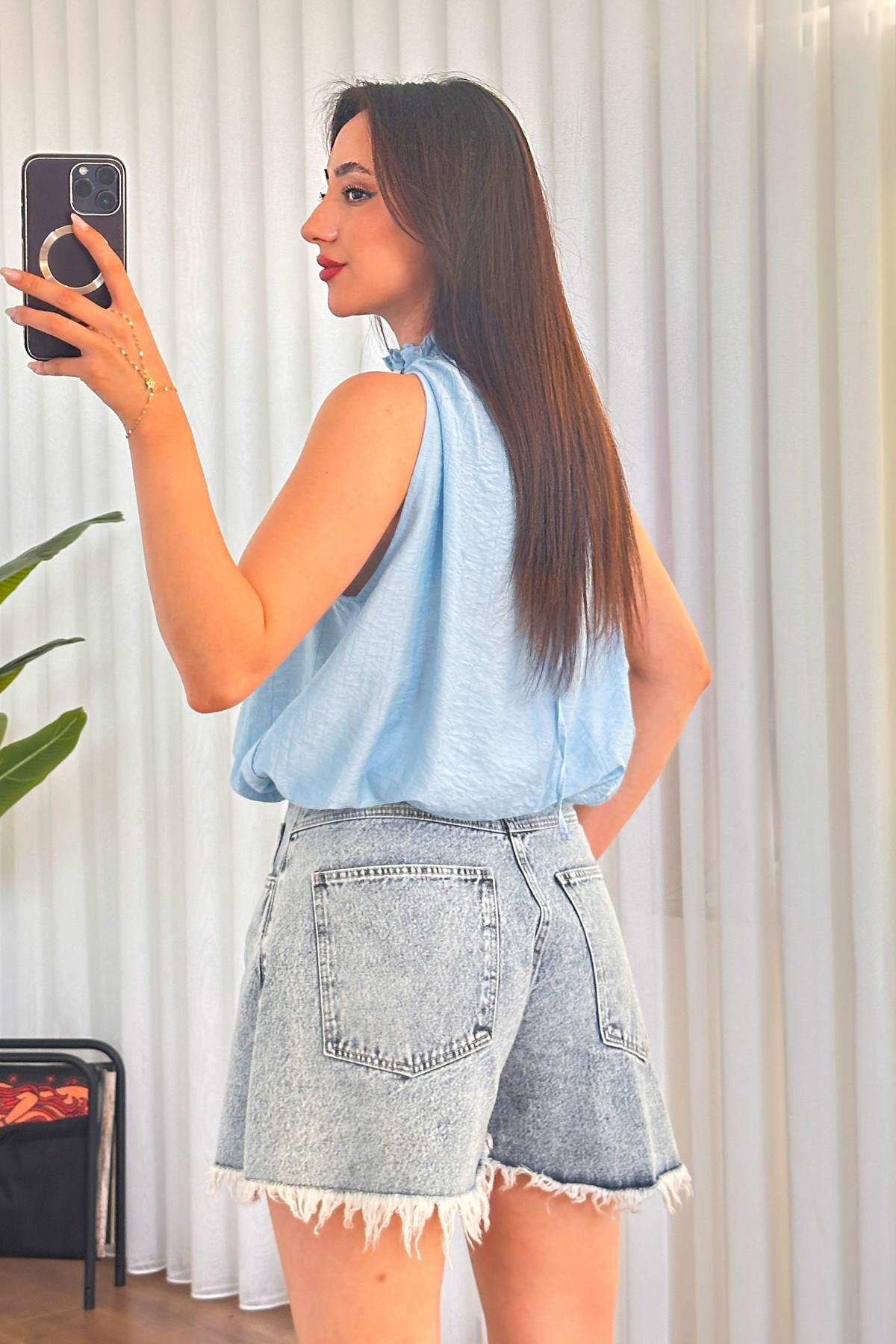 Yakası Boncuklu Balon Model Toptan Bebe Mavisi Bluz Bebe Mavi