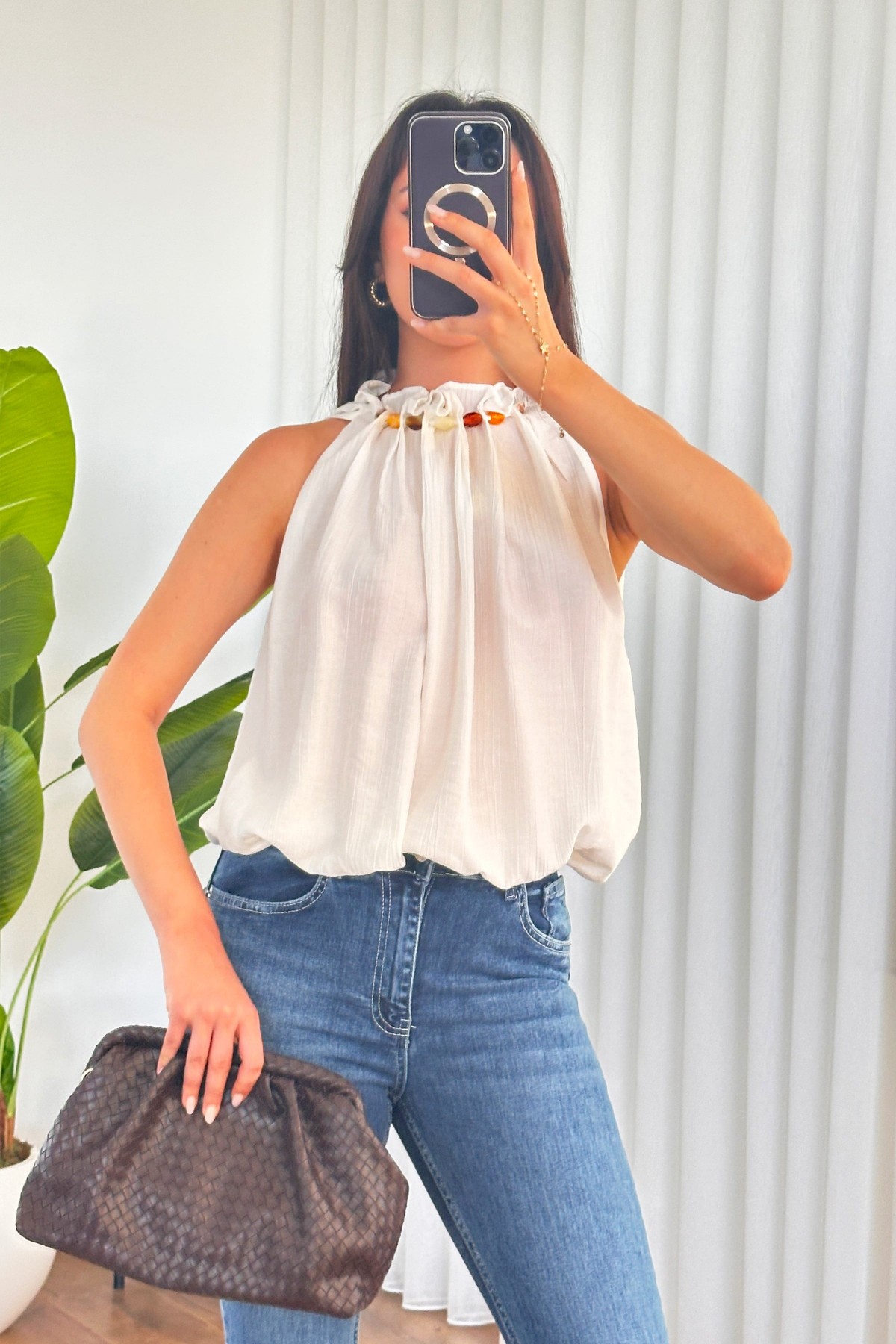 Yakası Boncuklu Balon Model Toptan Beyaz Bluz Beyaz