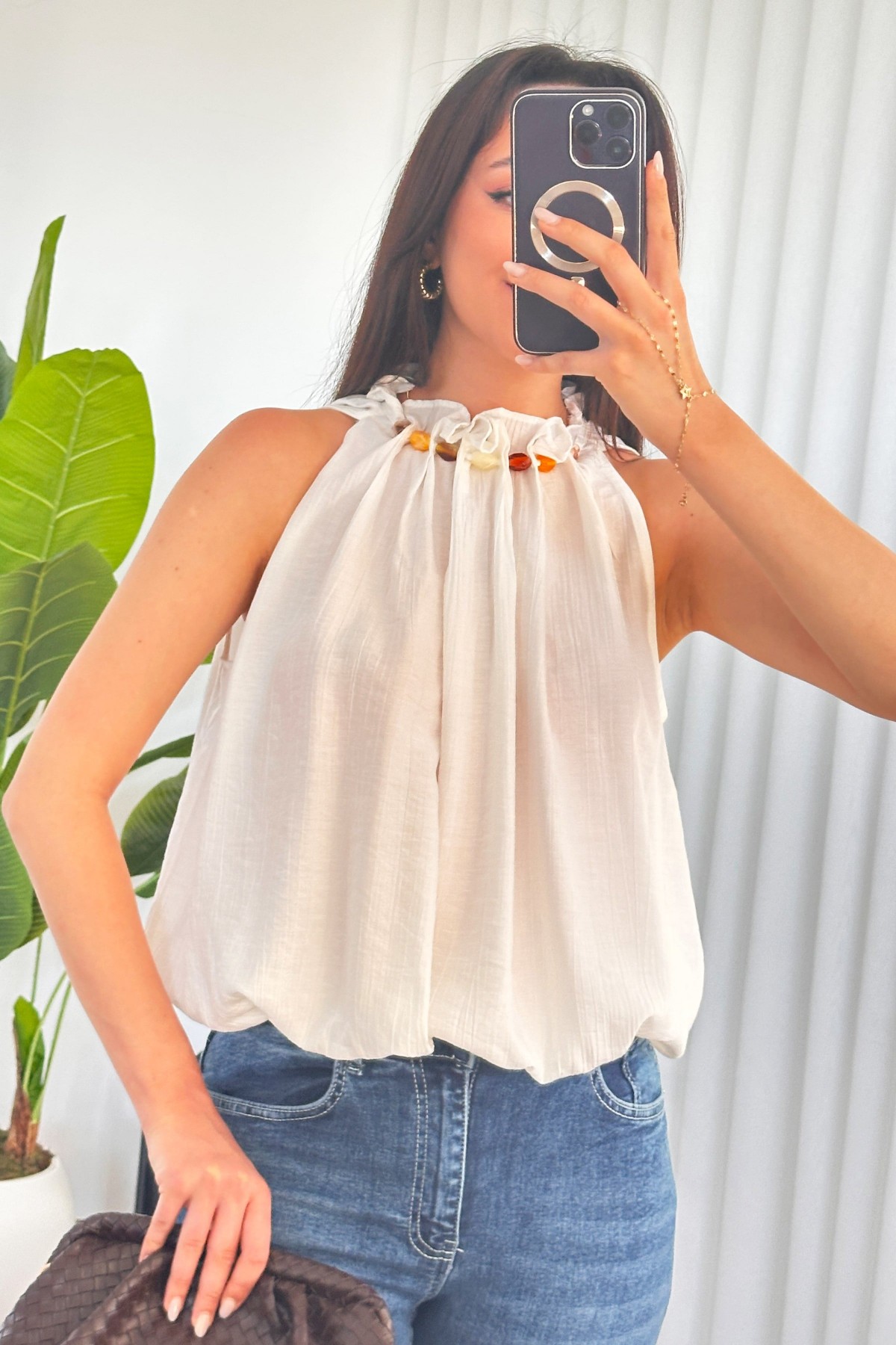 Yakası Boncuklu Balon Model Toptan Beyaz Bluz Beyaz