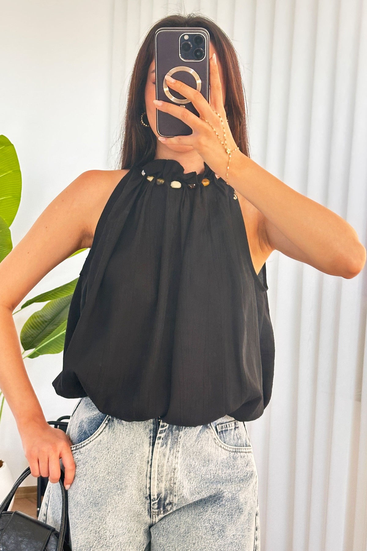 Yakası Boncuklu Balon Model Toptan Siyah Bluz Sarı