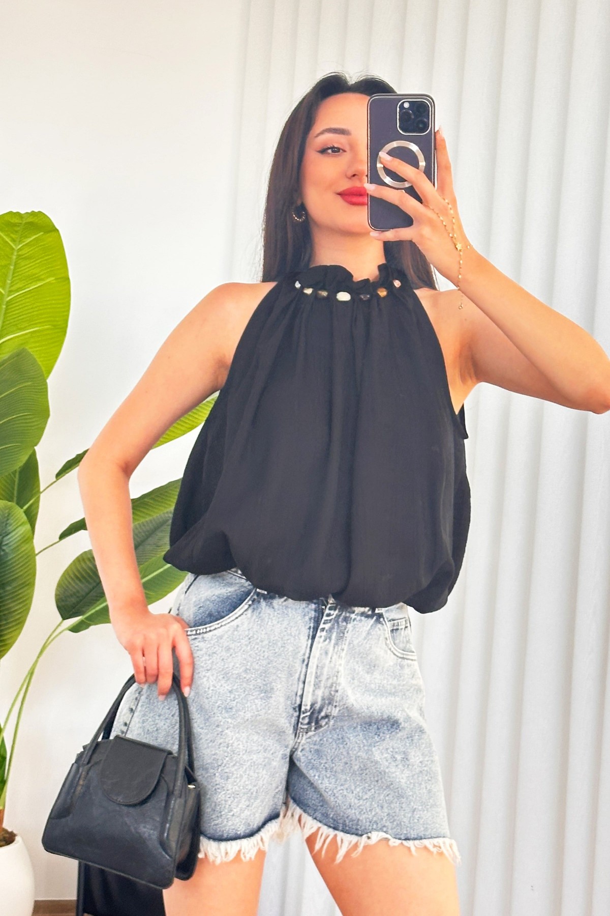 Yakası Boncuklu Balon Model Toptan Siyah Bluz Sarı