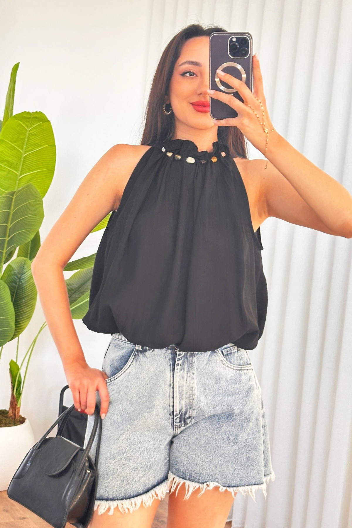 Yakası Boncuklu Balon Model Toptan Siyah Bluz Sarı