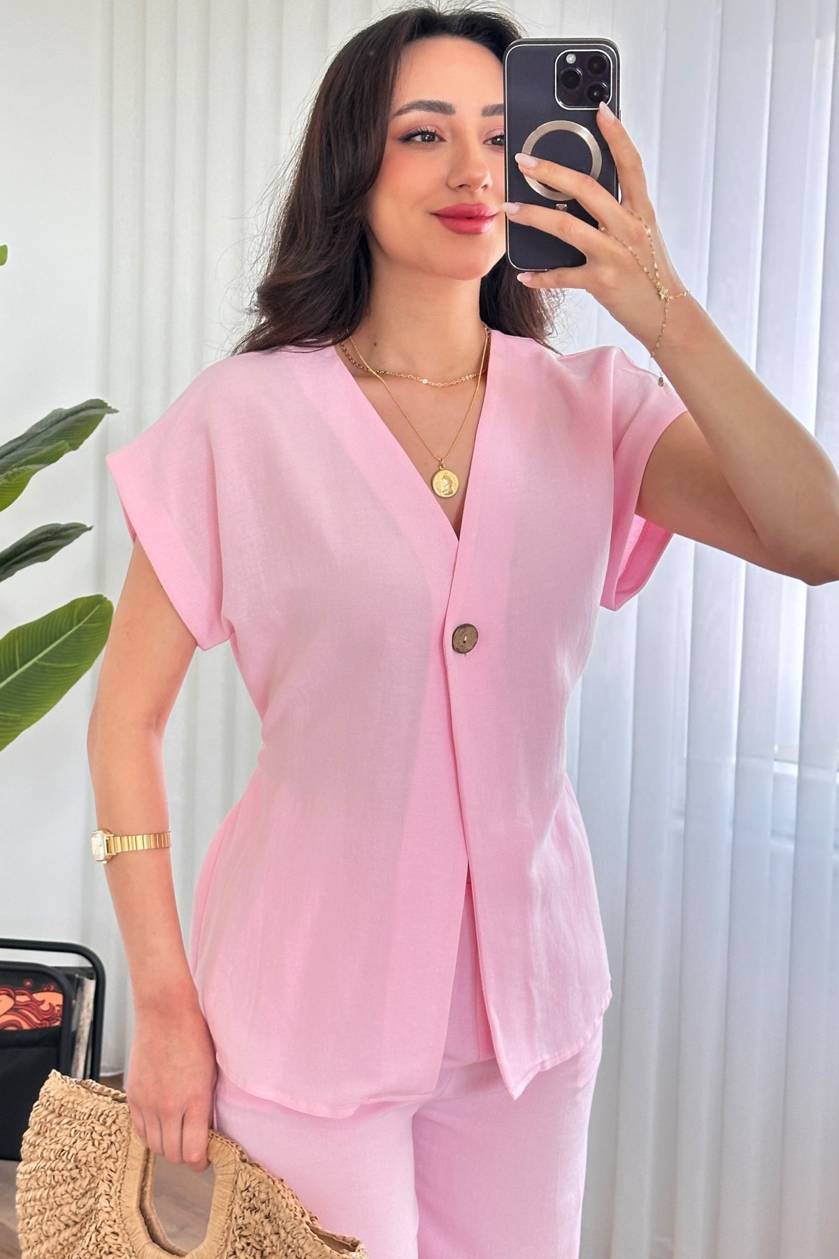 Tek Düğme Beli Bağlamalı Keten Toptan Pembe İkili Takım Pembe