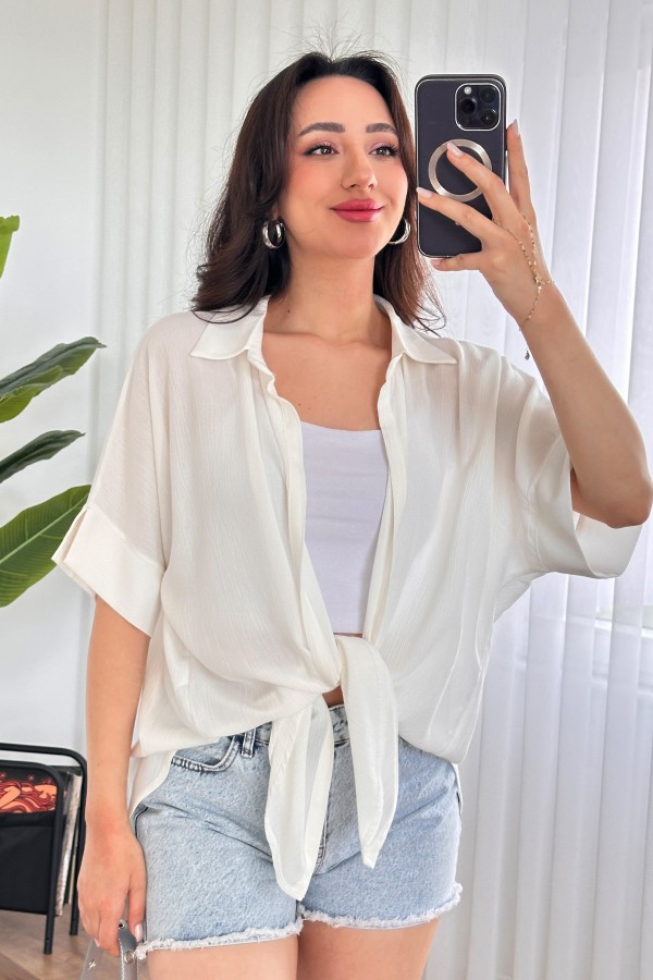 Kısa Kol Basic Kimono Toptan Ekru Bluz Ekru