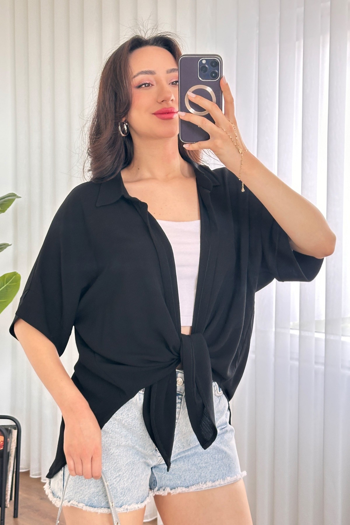 Kısa Kol Basic Kimono Toptan Siyah Bluz Siyah