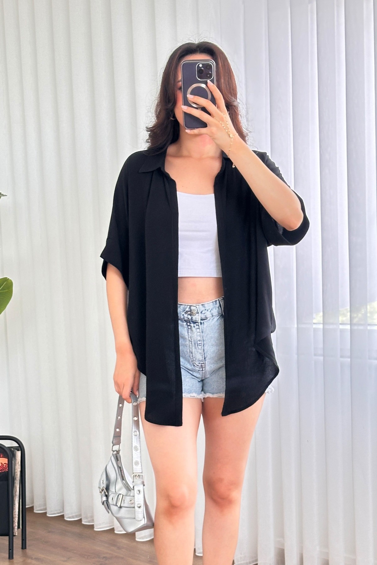 Kısa Kol Basic Kimono Toptan Siyah Bluz Siyah