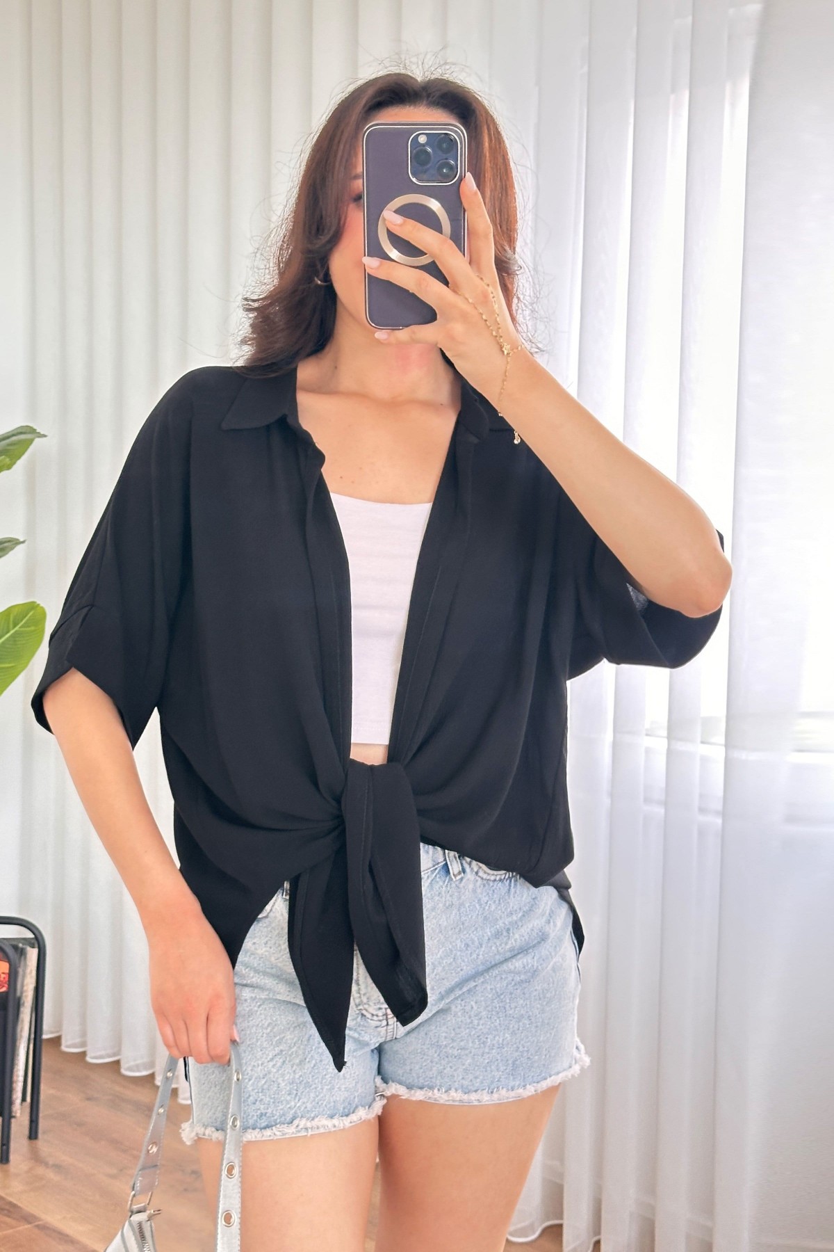 Kısa Kol Basic Kimono Toptan Siyah Bluz Siyah