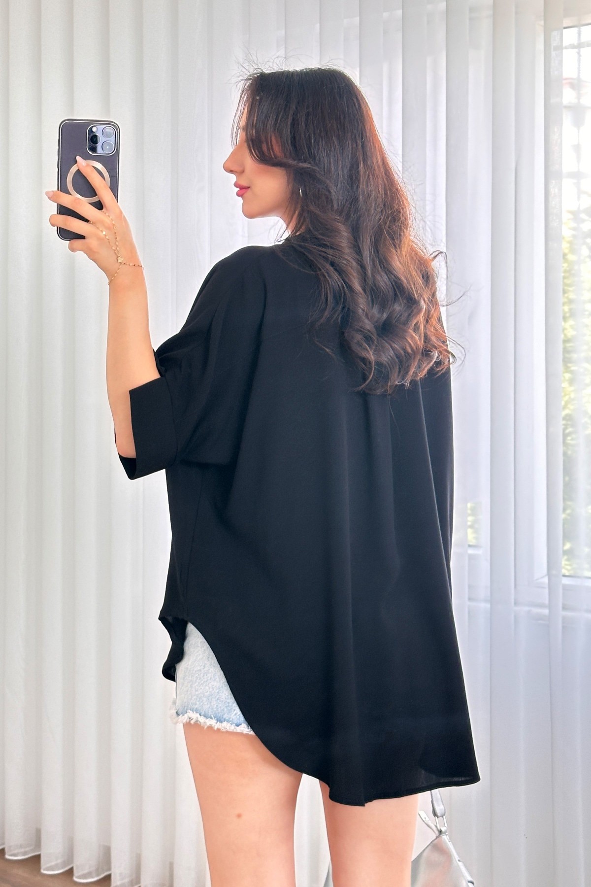 Kısa Kol Basic Kimono Toptan Siyah Bluz Siyah