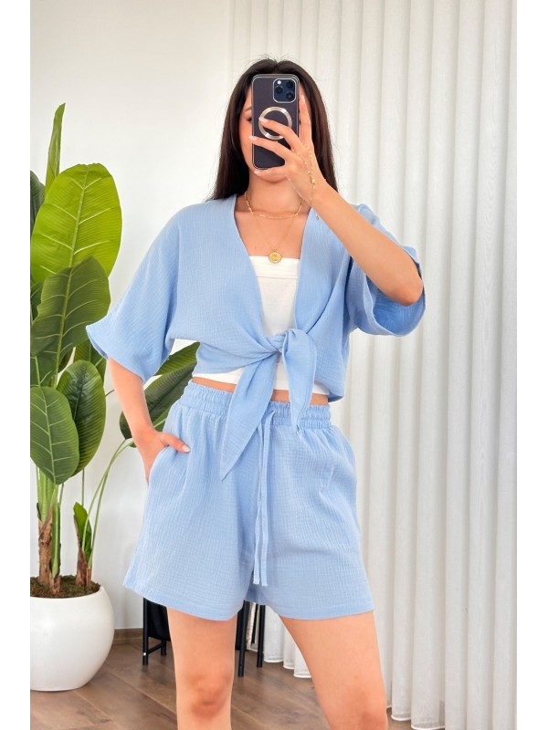 Müslin Önden Bağlamalı Kısa Model Toptan Bej Kimono Bebe Mavi