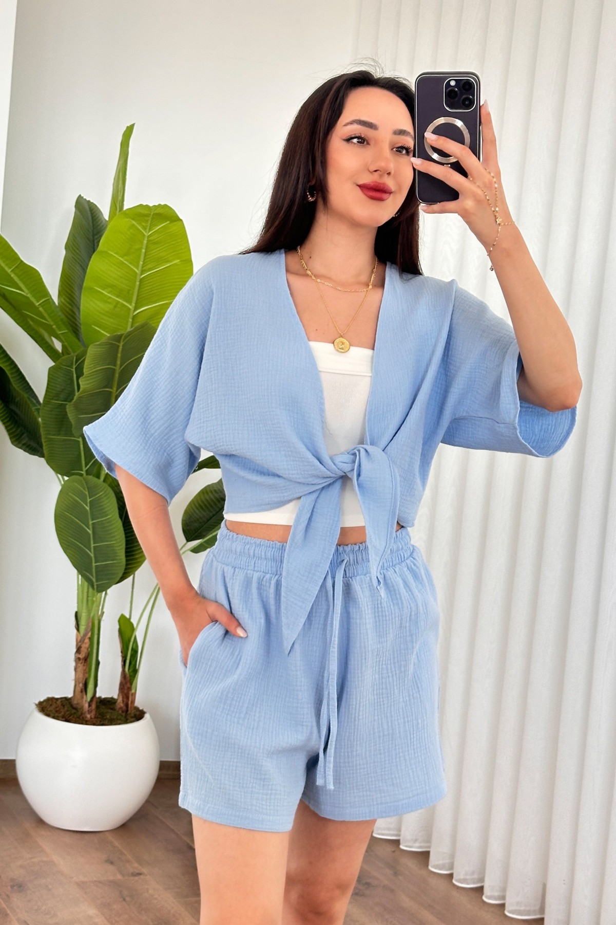 Müslin Önden Bağlamalı Kısa Model Toptan Bej Kimono Bebe Mavi