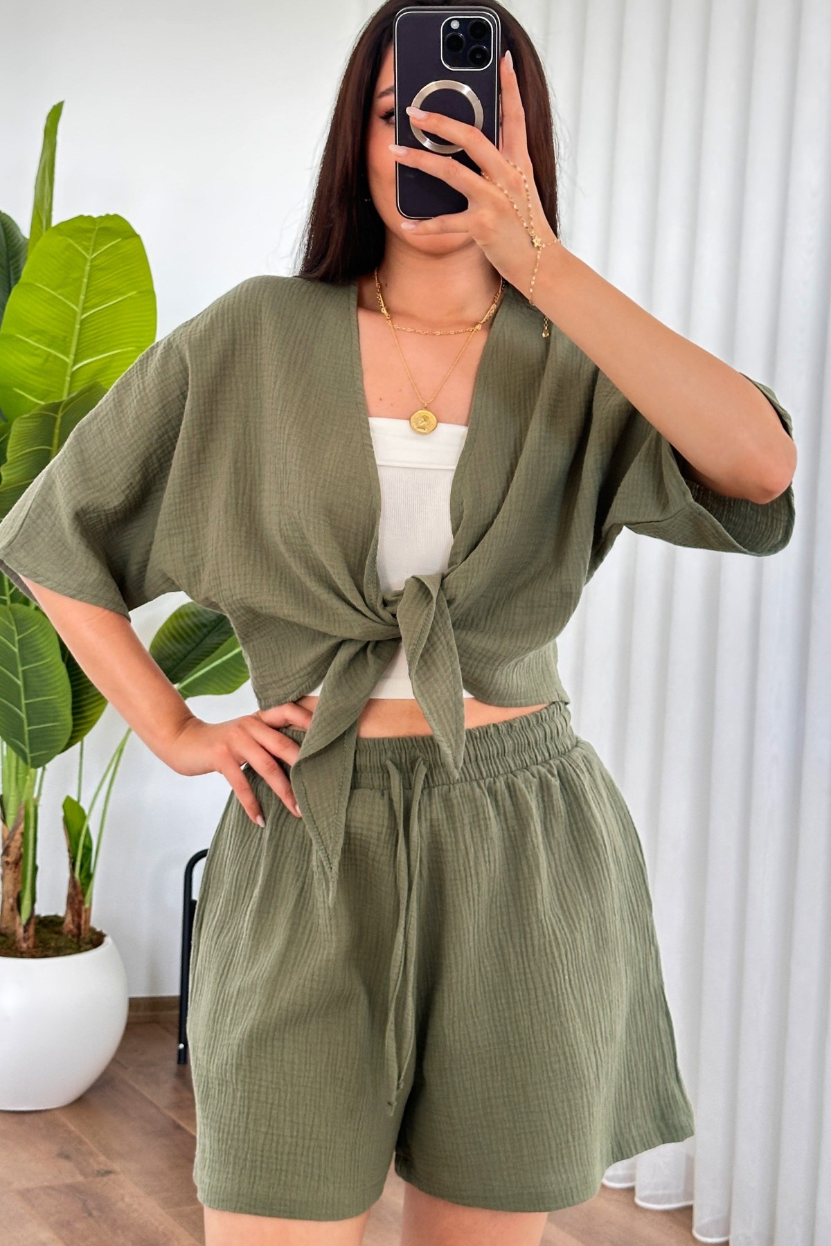 Müslin Önden Bağlamalı Kısa Model Toptan Haki Kimono Haki