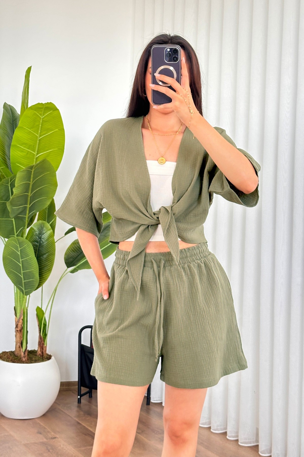 Müslin Önden Bağlamalı Kısa Model Toptan Haki Kimono Haki