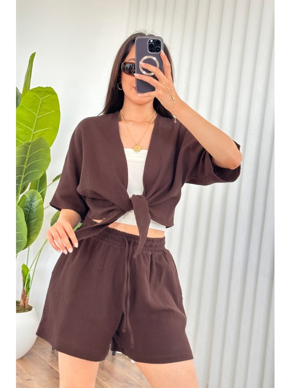 Müslin Önden Bağlamalı Kısa Model Toptan Kahve Kimono Kahverengi