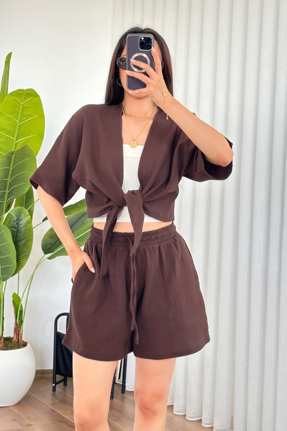 Müslin Önden Bağlamalı Kısa Model Toptan Kahve Kimono Kahverengi