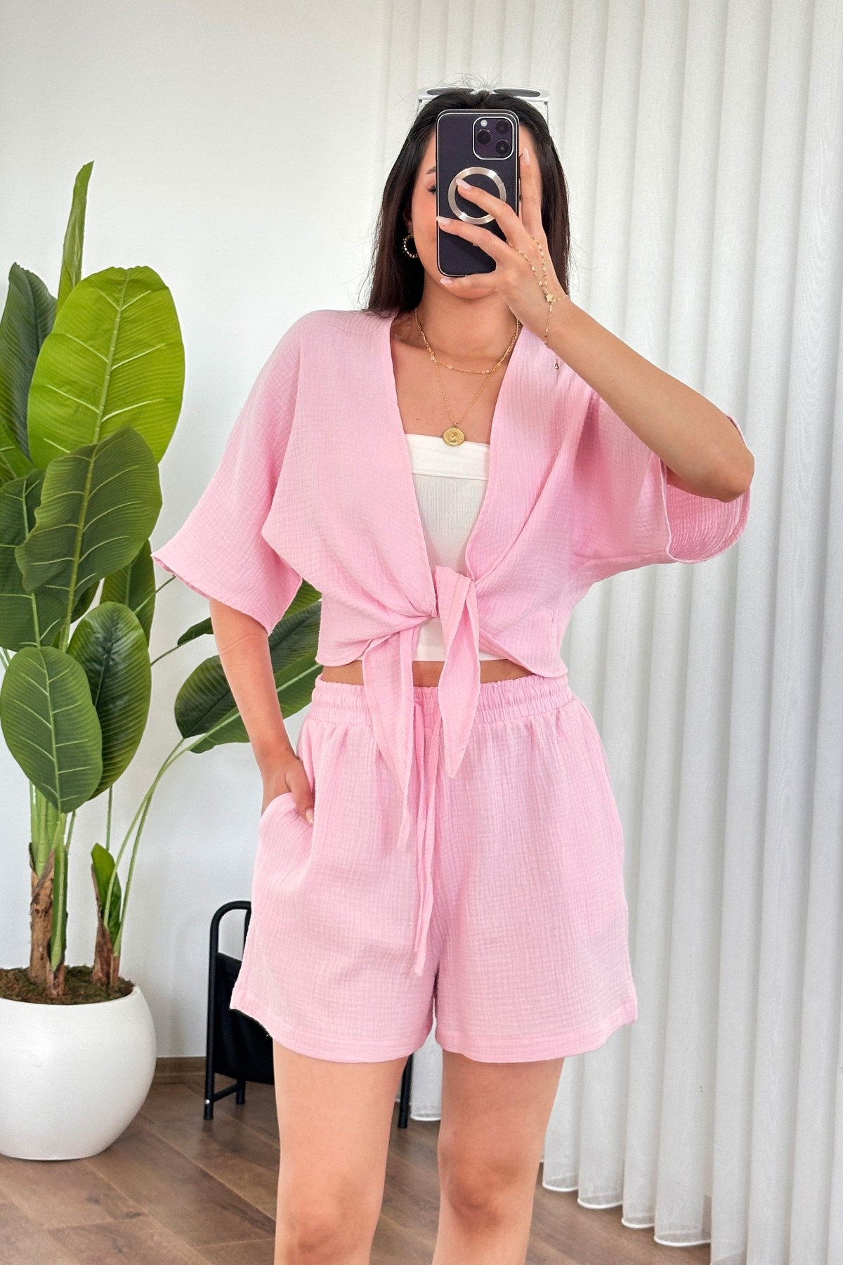 Müslin Önden Bağlamalı Kısa Model Toptan Pembe Kimono Pembe
