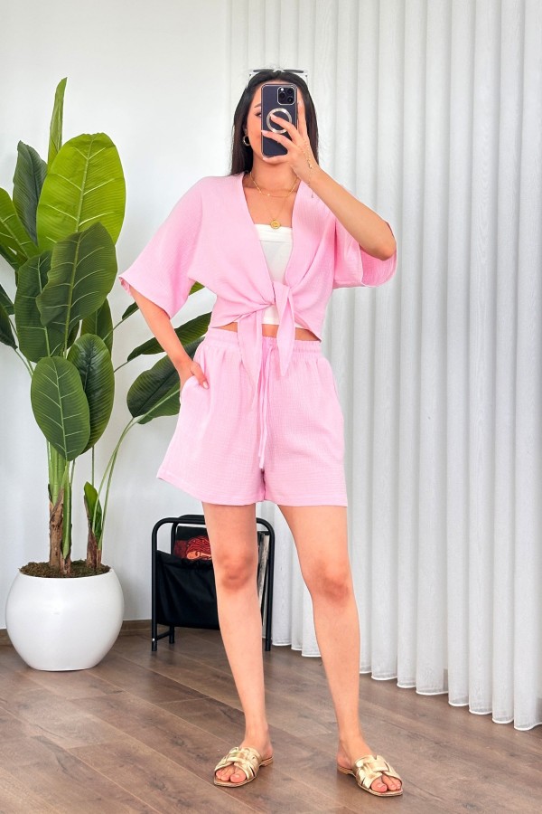 Müslin Önden Bağlamalı Kısa Model Toptan Pembe Kimono Pembe