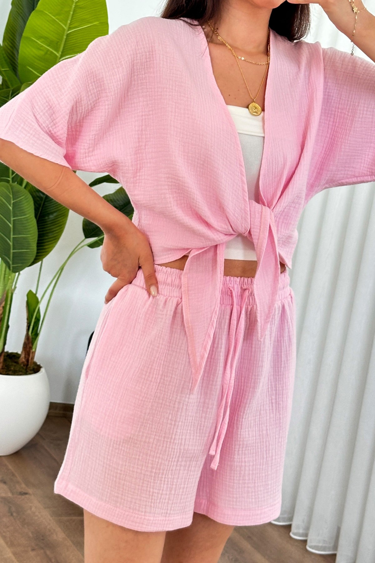 Müslin Önden Bağlamalı Kısa Model Toptan Pembe Kimono Pembe