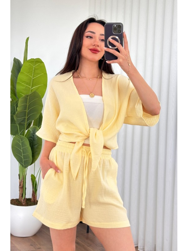 Müslin Önden Bağlamalı Kısa Model Toptan Sarı Kimono Sarı