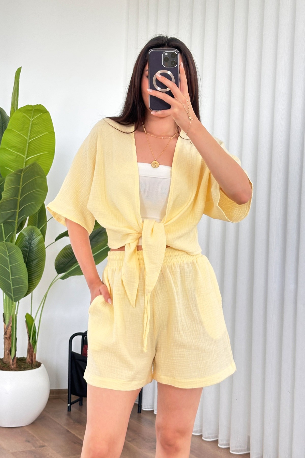 Müslin Önden Bağlamalı Kısa Model Toptan Sarı Kimono Sarı